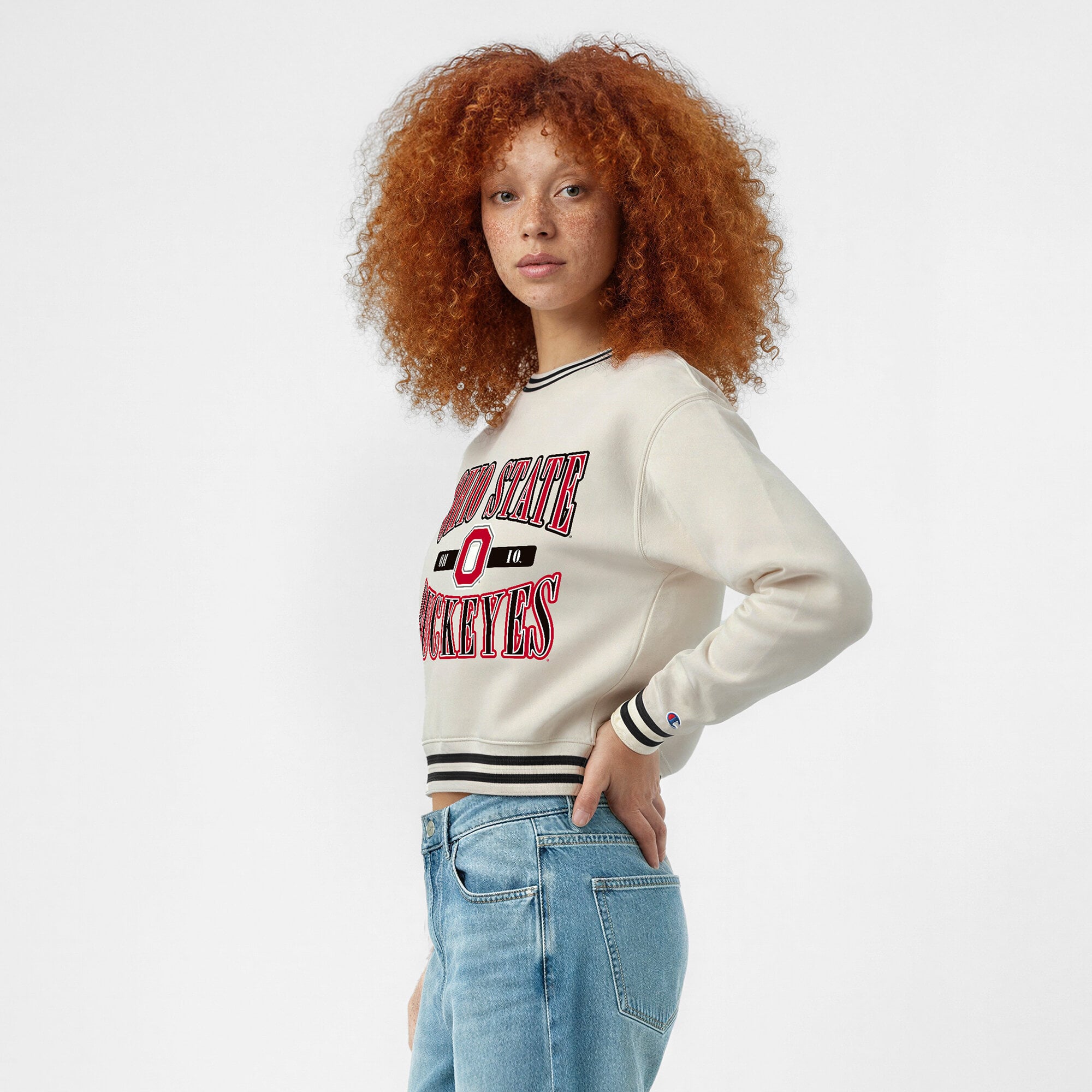 Women's Champion  White Ohio State Buckeyes Yarn Dye Rib Reverse Weave Crew Sweatshirt